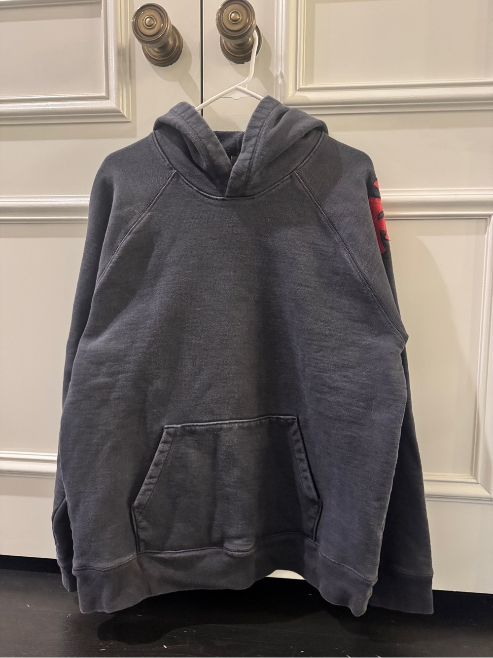 Chrome Hearts Washed Charcoal Gray Pullover Hoodie with Red Sleeve Accent